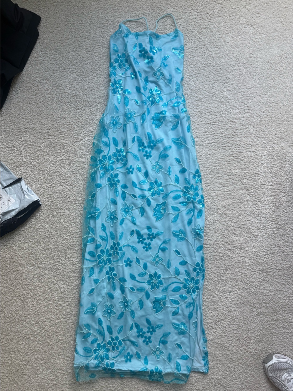 Aqua Blue Floral Sequin Spaghetti-Strap Maxi Dress